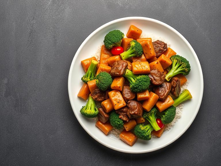 Beef and Broccoli on a modern white kitchen worktop