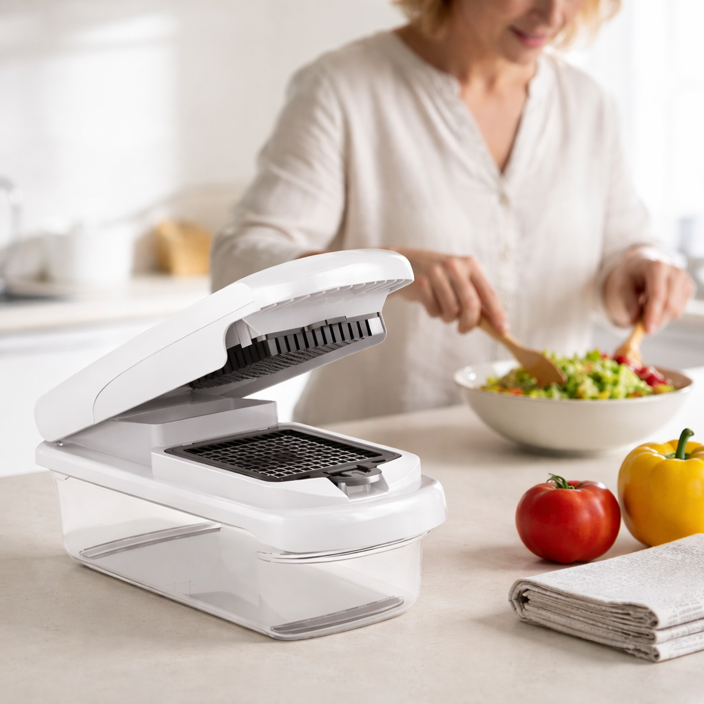 Women creating Meal prep idea in kitchen with vegetable chopper