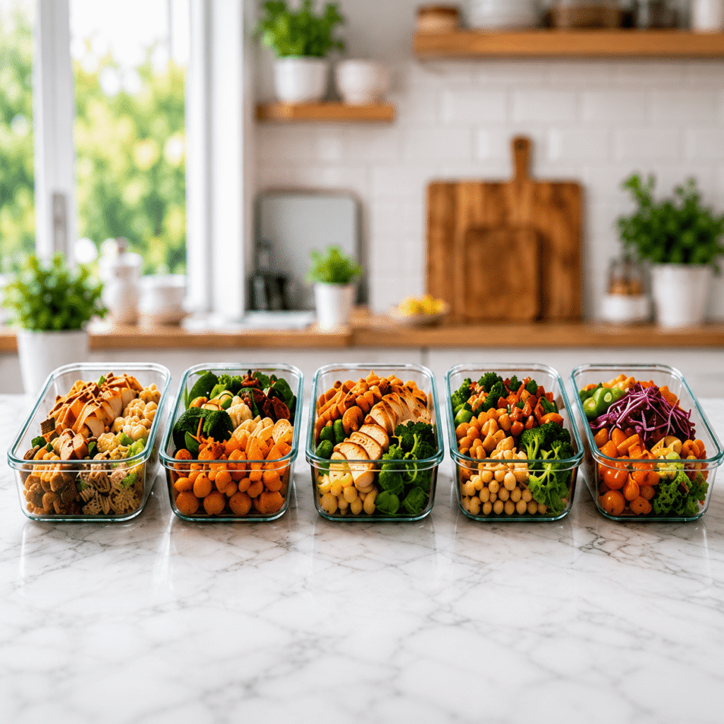 Five glass meal prep containers