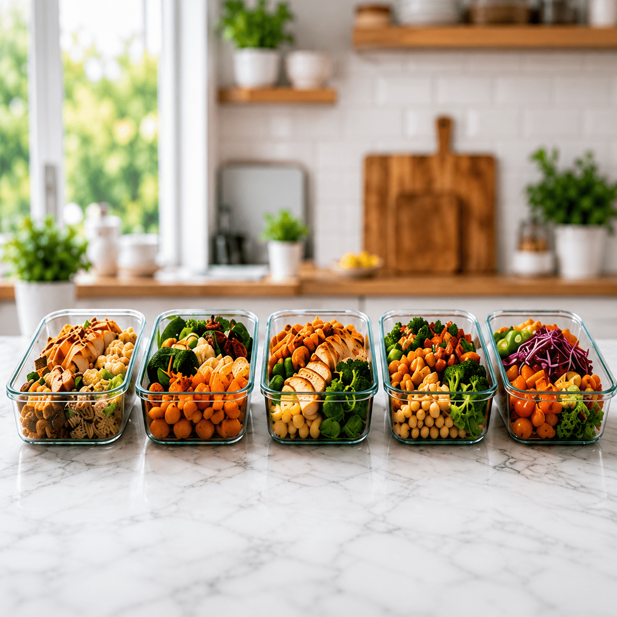Five glass meal prep containers