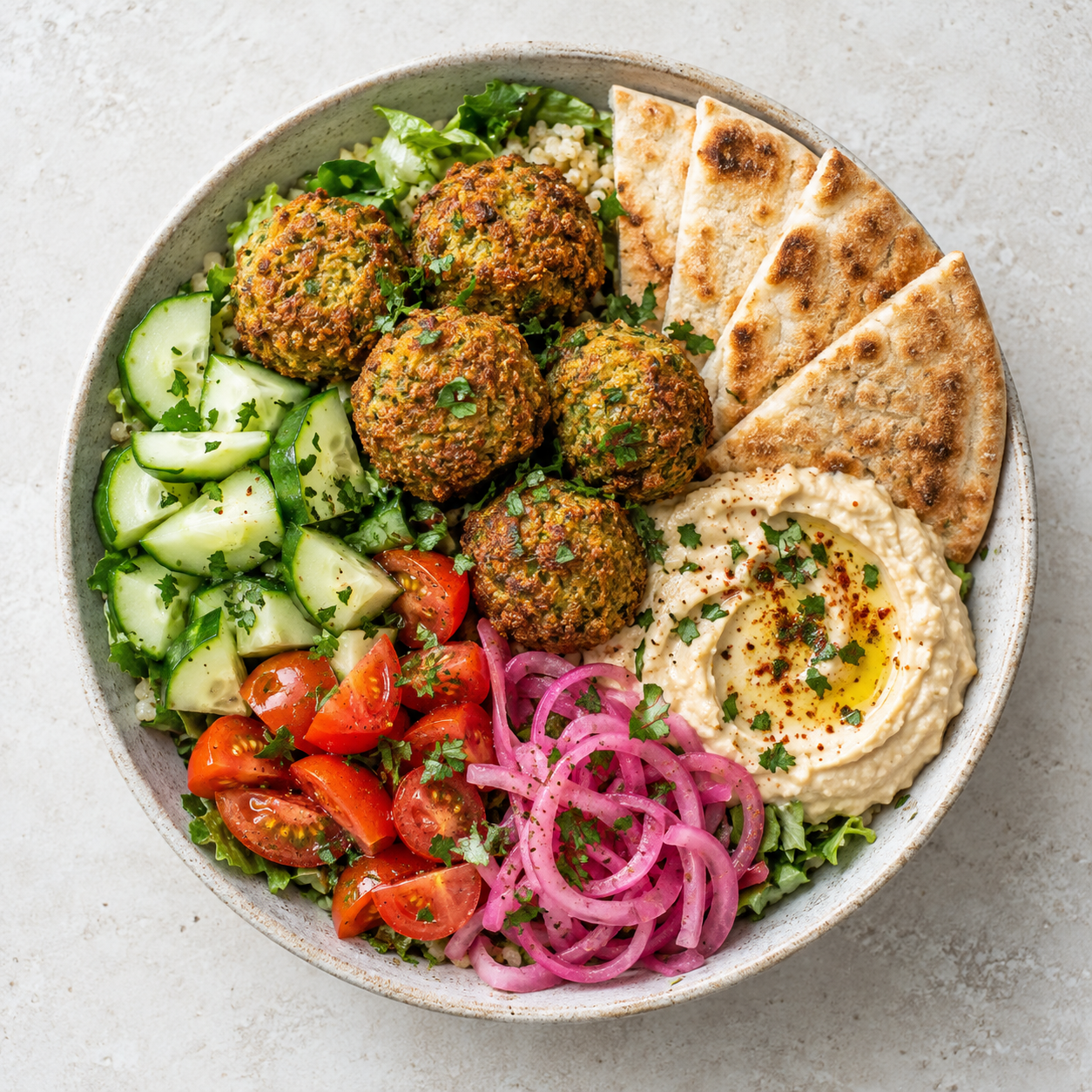 Falafel Pita Bowls on a modern white kitchen worktop