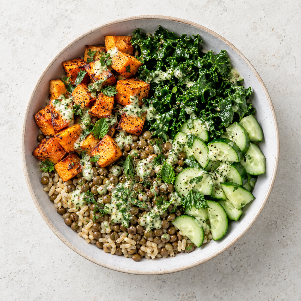 Lentil Grain Bowls on a modern white kitchen worktop