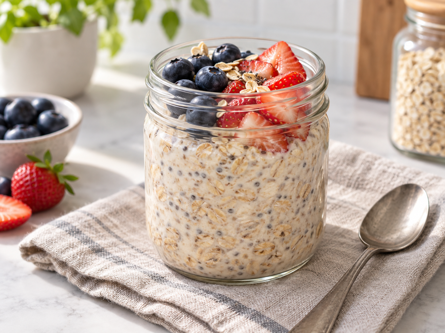 Overnight Oats on a modern white kitchen worktop