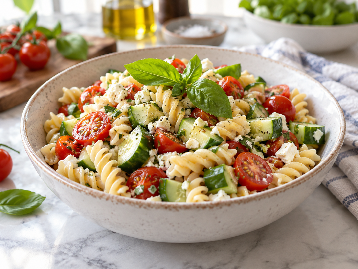 Pasta Salad on a modern white kitchen worktop