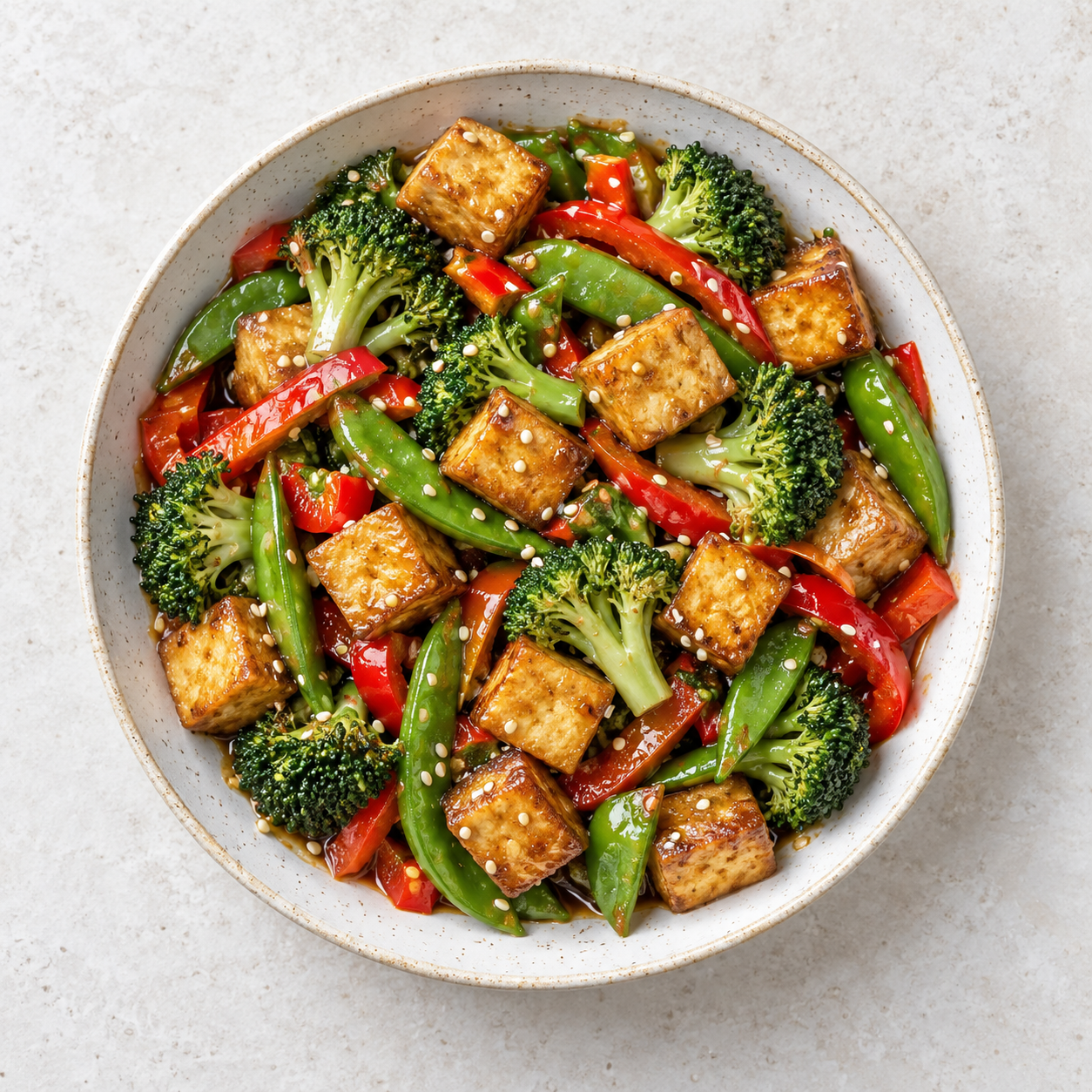 Tofu Stir Fry on a modern white kitchen worktop