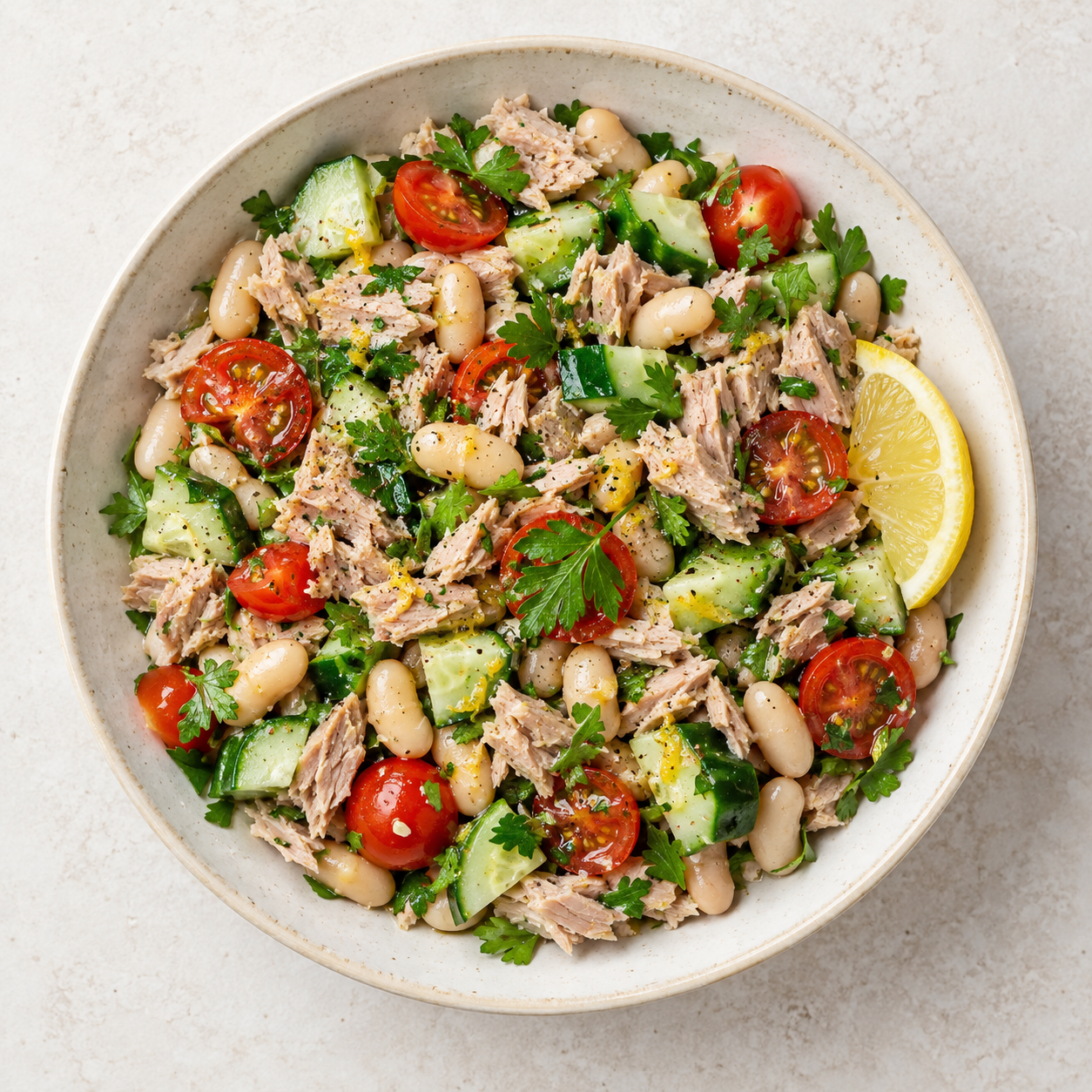 Tuna Bean Salad on a modern white kitchen worktop