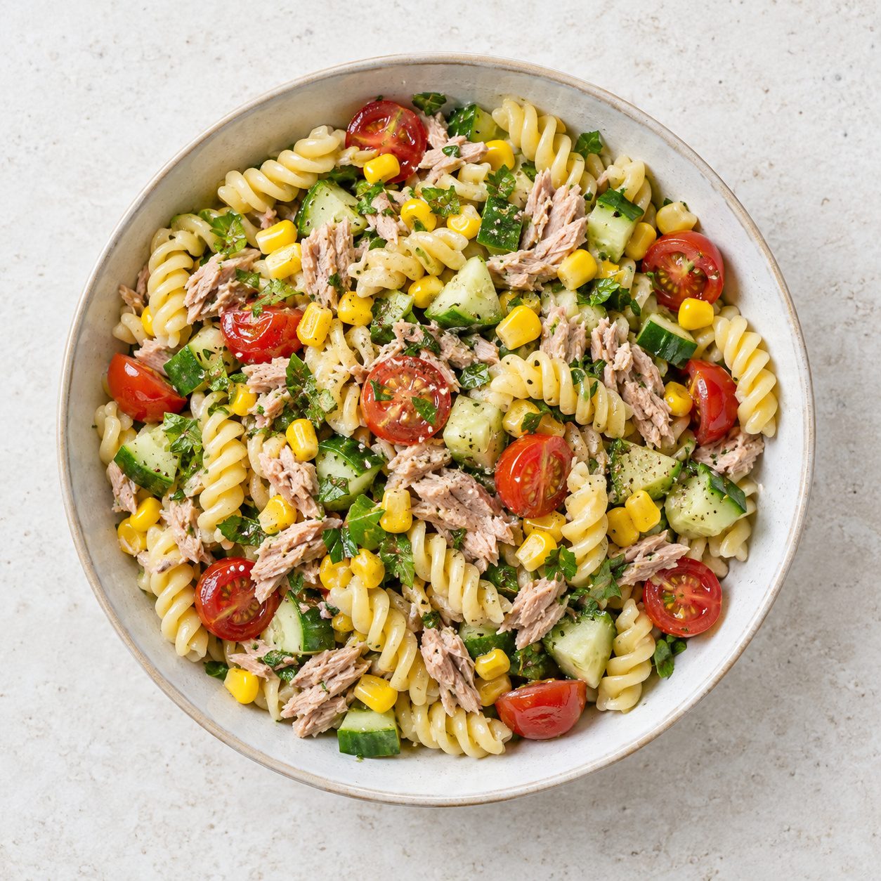 Tuna Pasta Salad on a modern white kitchen worktop
