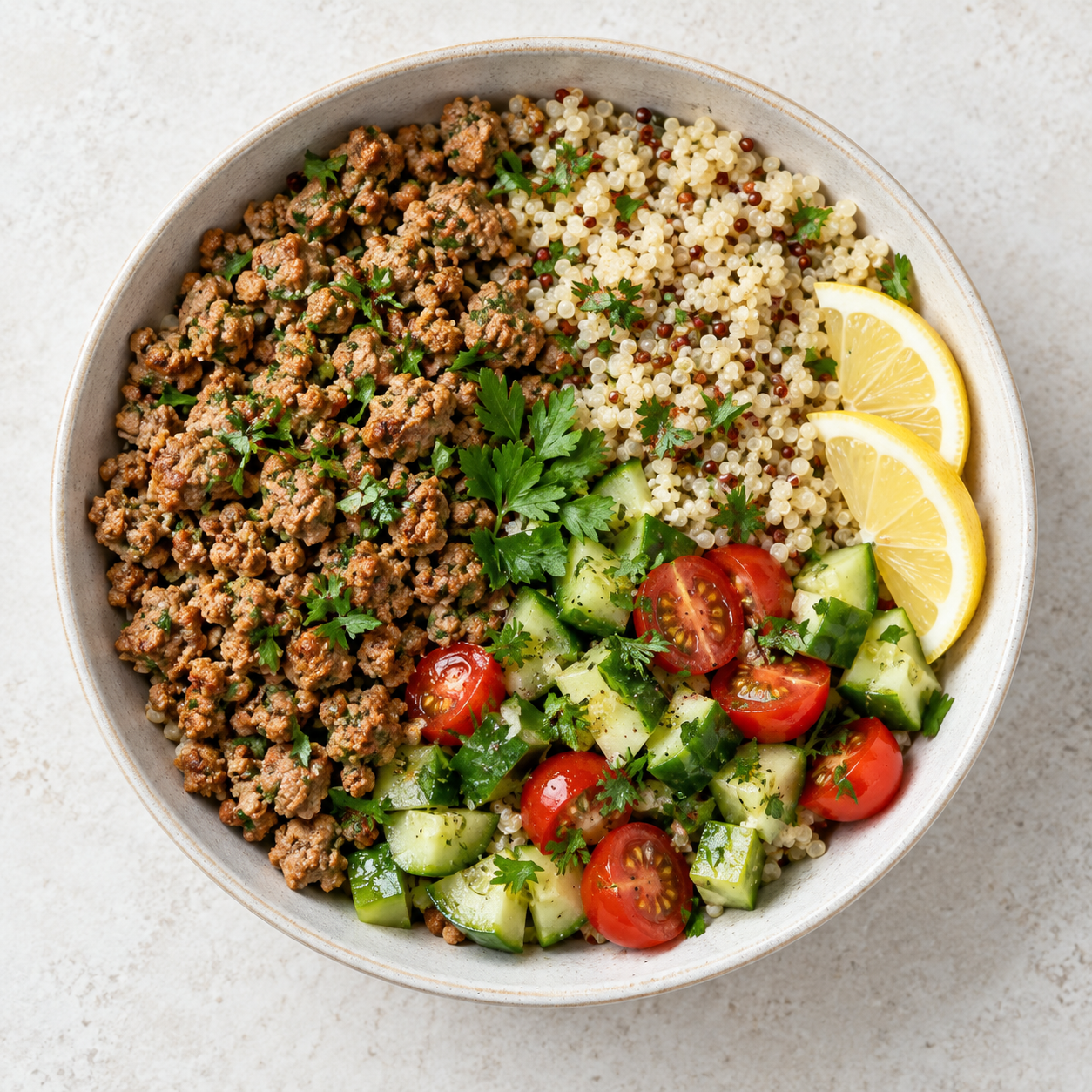 Turkey Quinoa Bowls on a modern white kitchen worktop
