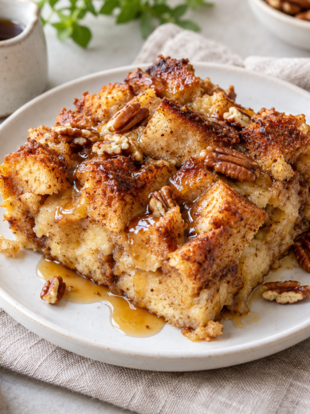 Golden cinnamon French toast casserole with maple syrup and pecans