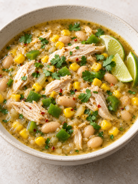 White chicken chilli with cannellini beans, sweetcorn and green pepper